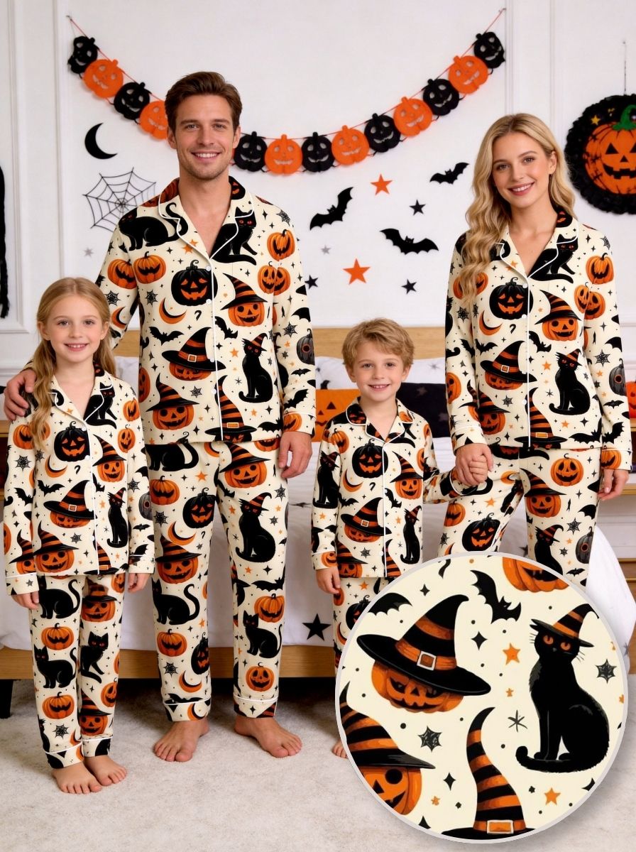 Family Halloween Black Cat and Jack-O-Lantern Pumpkin Print Notch Collar Sleepwear Set