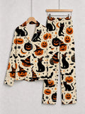 Family Halloween Black Cat and Jack-O-Lantern Pumpkin Print Notch Collar Sleepwear Set