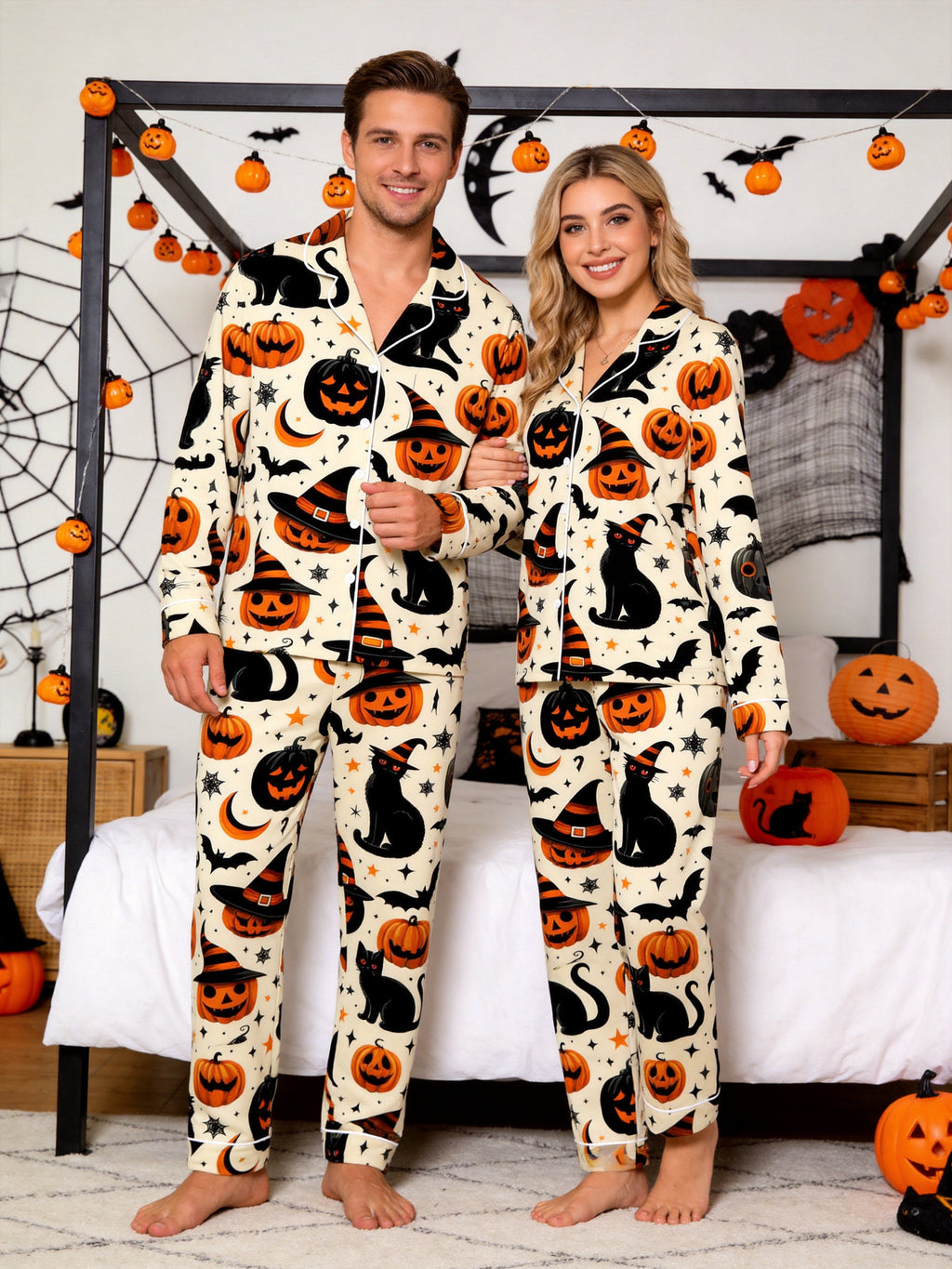 Family Halloween Black Cat and Jack-O-Lantern Pumpkin Print Notch Collar Sleepwear Set