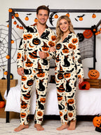 Family Halloween Black Cat and Jack-O-Lantern Pumpkin Print Notch Collar Sleepwear Set
