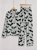 Grey Halloween Flying Bat and Star Graphic Button-Down Sleep Set
