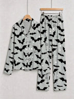 Grey Halloween Flying Bat and Star Graphic Button-Down Sleep Set