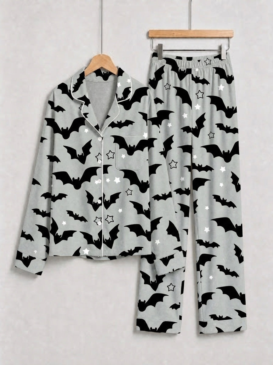 Grey Halloween Flying Bat and Star Graphic Button-Down Sleep Set