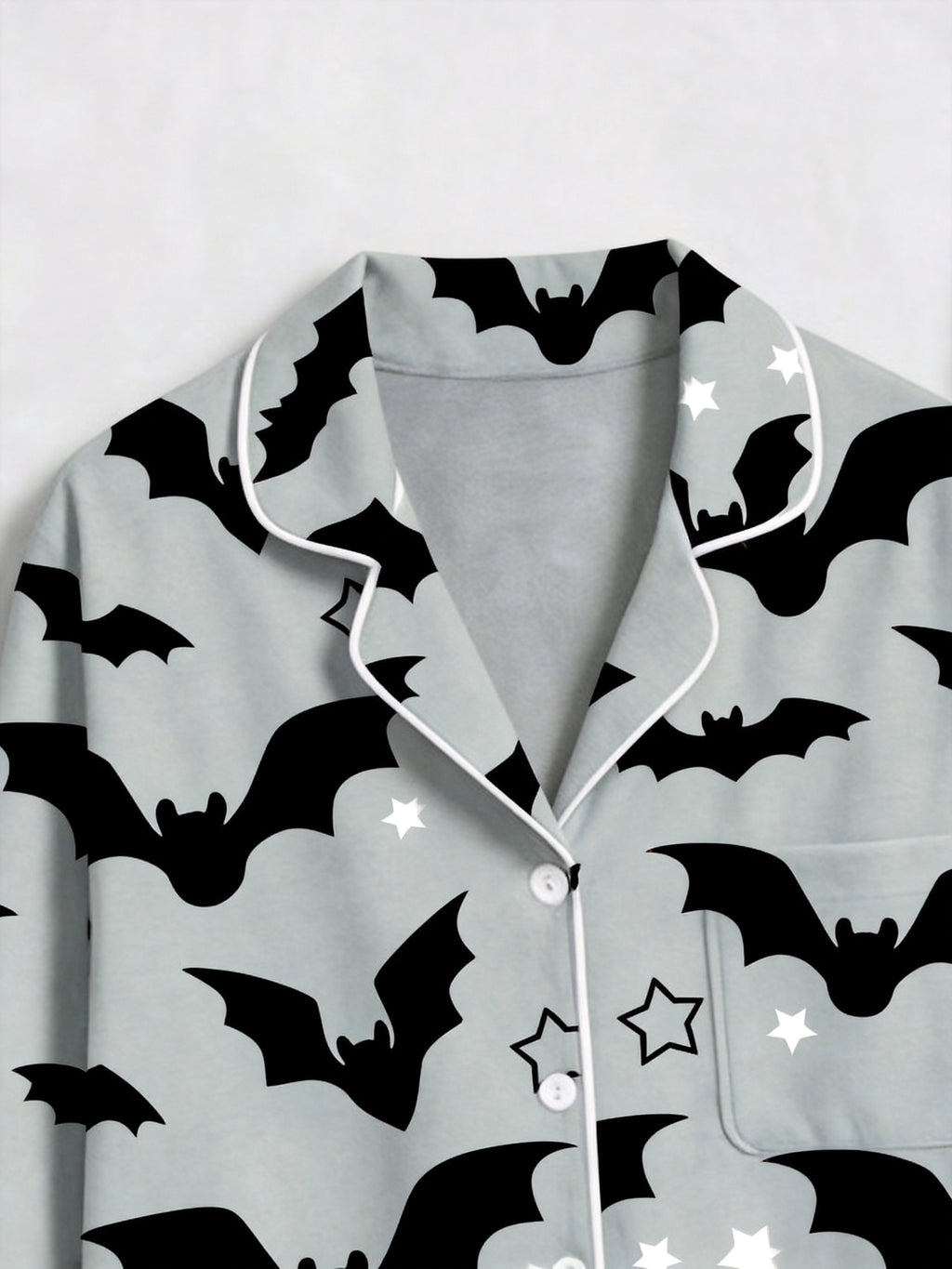 Grey Halloween Flying Bat and Star Graphic Button-Down Sleep Set