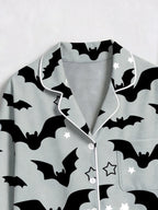 Grey Halloween Flying Bat and Star Graphic Button-Down Sleep Set