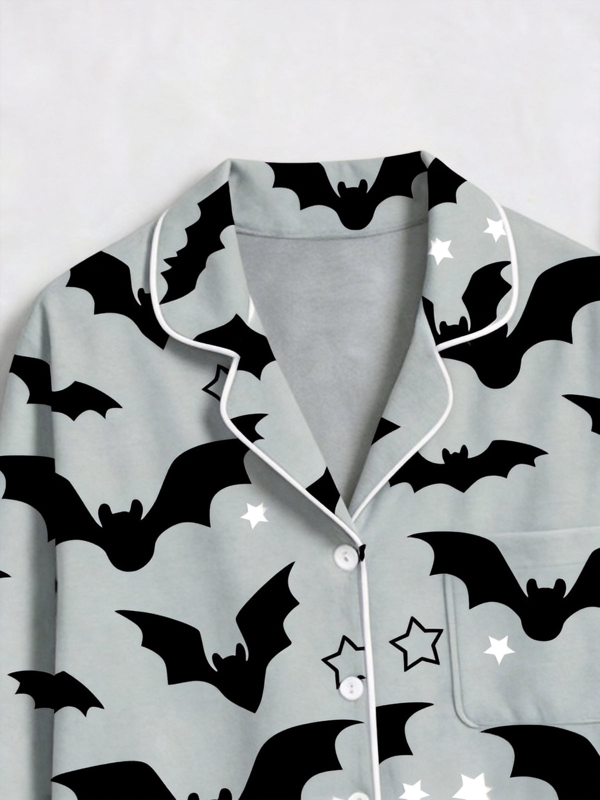 Grey Halloween Flying Bat and Star Graphic Button-Down Sleep Set