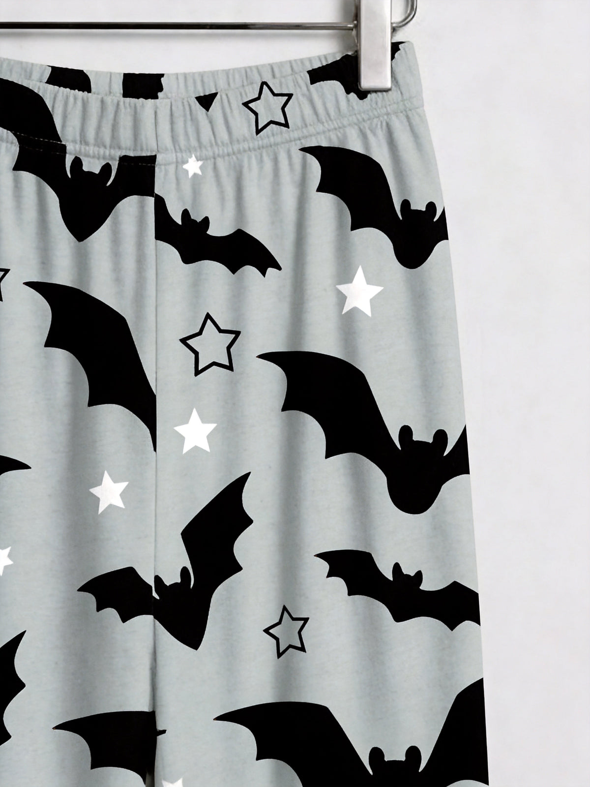 Grey Halloween Flying Bat and Star Graphic Button-Down Sleep Set