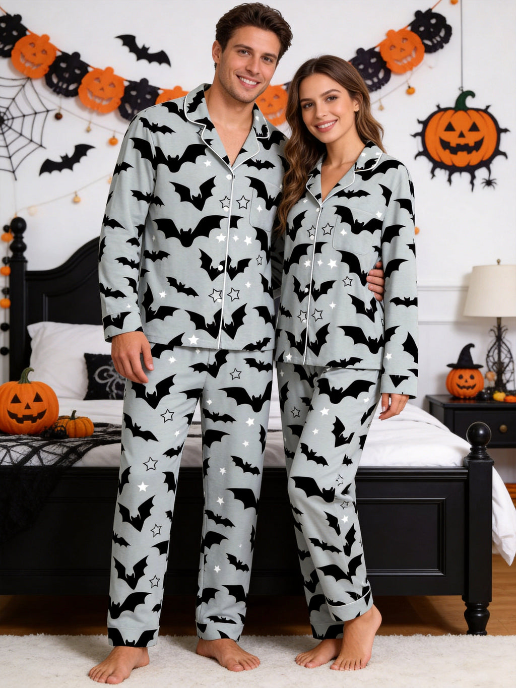 Grey Halloween Flying Bat and Star Graphic Button-Down Sleep Set