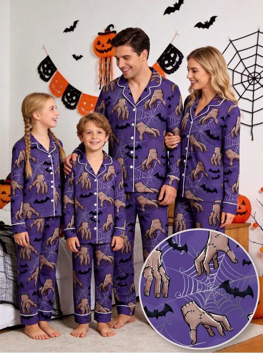Spooky Monster Hand and Spiderweb Print Purple Halloween Pajamas