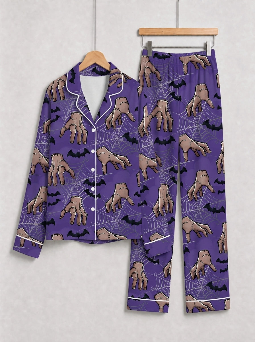 Spooky Monster Hand and Spiderweb Print Purple Halloween Pajamas