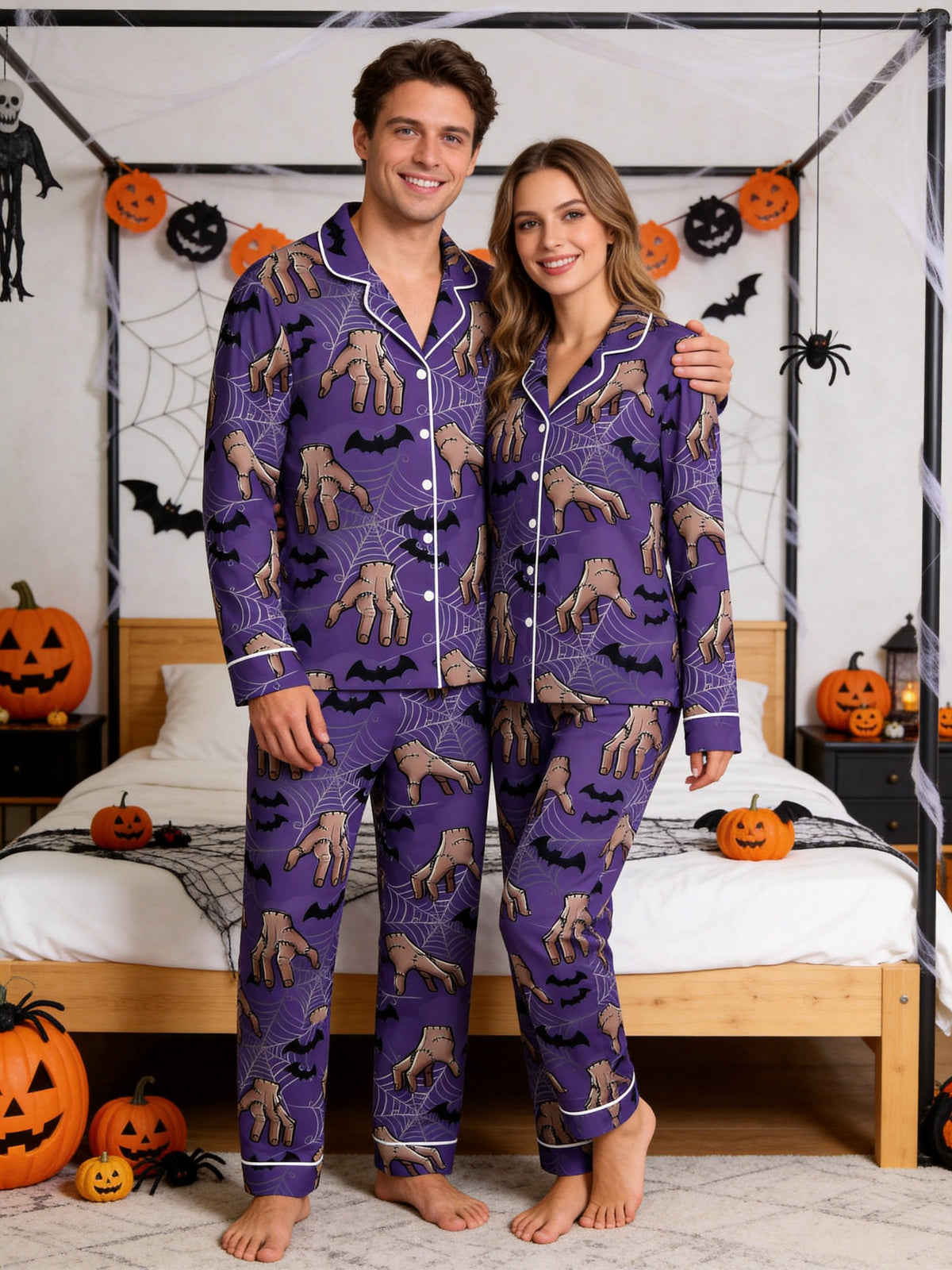 Spooky Monster Hand and Spiderweb Print Purple Halloween Pajamas