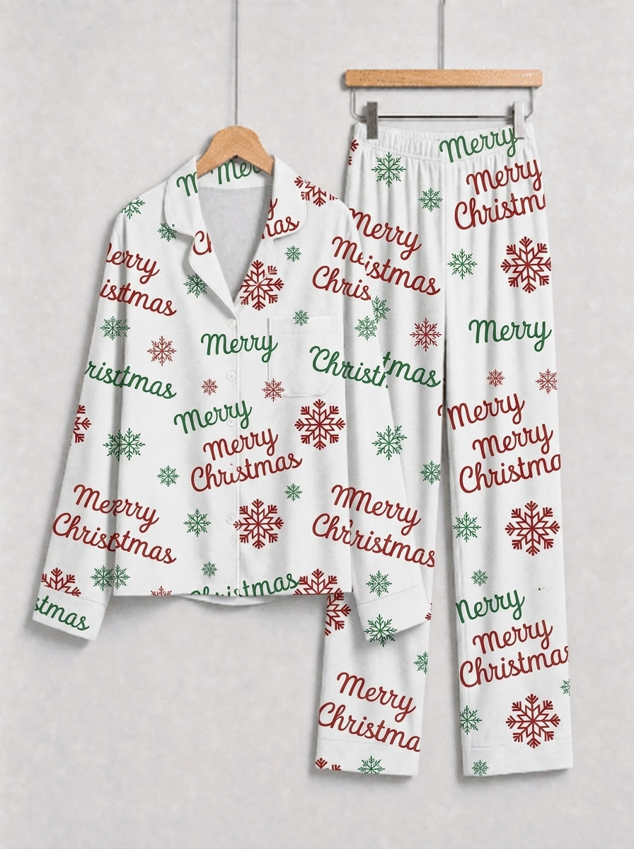 Merry Christmas Letter and Snowflake Print Matching Couple Pajamas Set