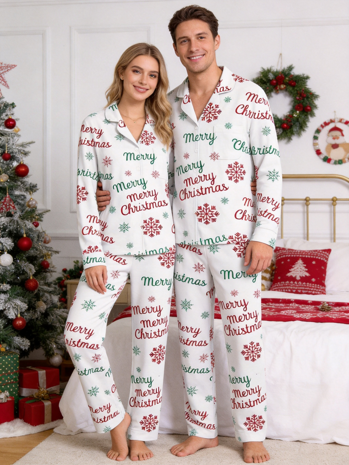 Merry Christmas Letter and Snowflake Print Matching Couple Pajamas Set