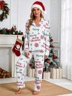 Merry Christmas Letter and Snowflake Print Matching Couple Pajamas Set