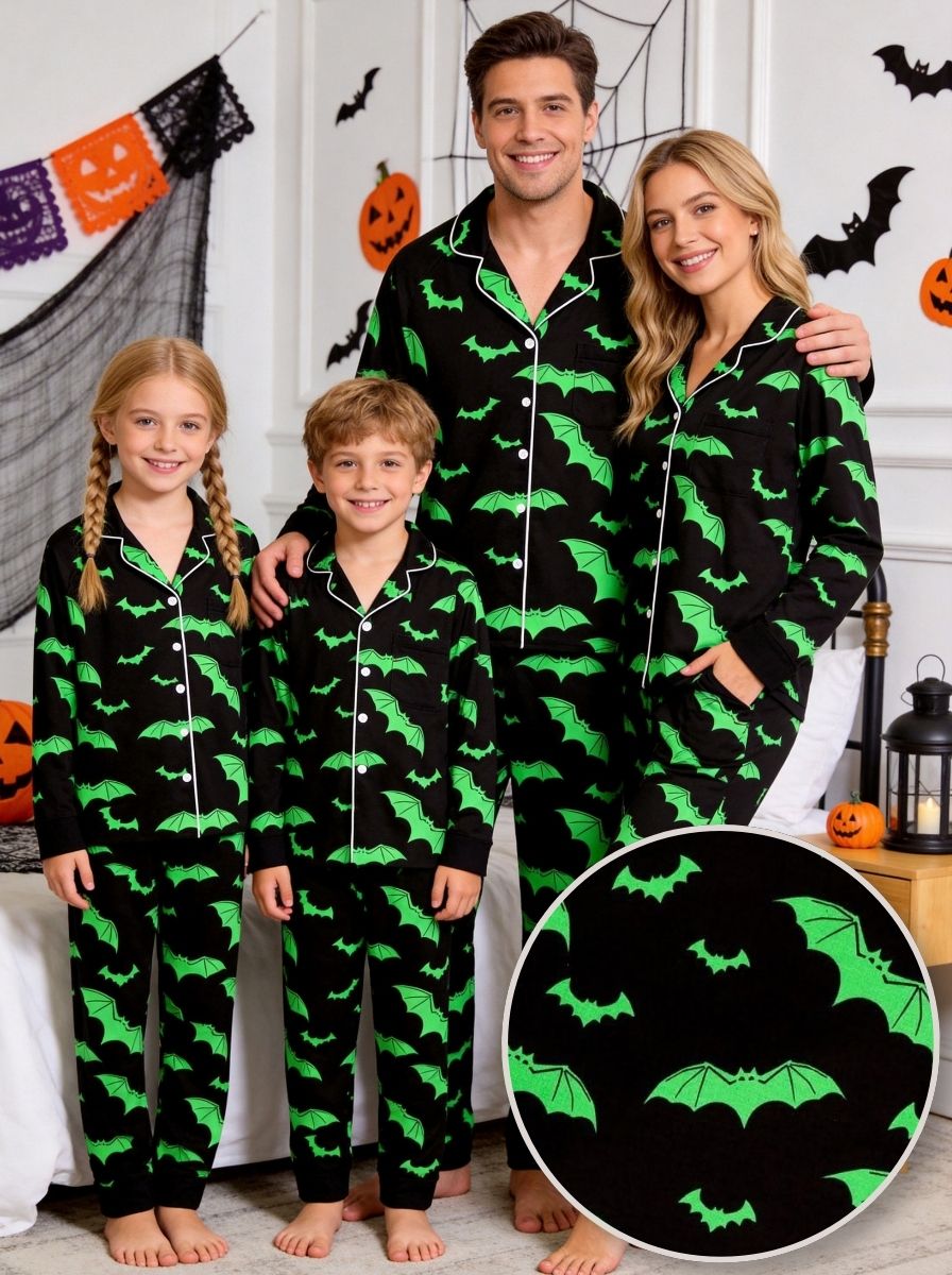 Neon Green Bat Silhouette Pattern Black Long Sleeve Lounge Pajama Set