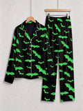 Neon Green Bat Silhouette Pattern Black Long Sleeve Lounge Pajama Set