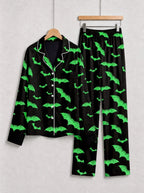 Neon Green Bat Silhouette Pattern Black Long Sleeve Lounge Pajama Set