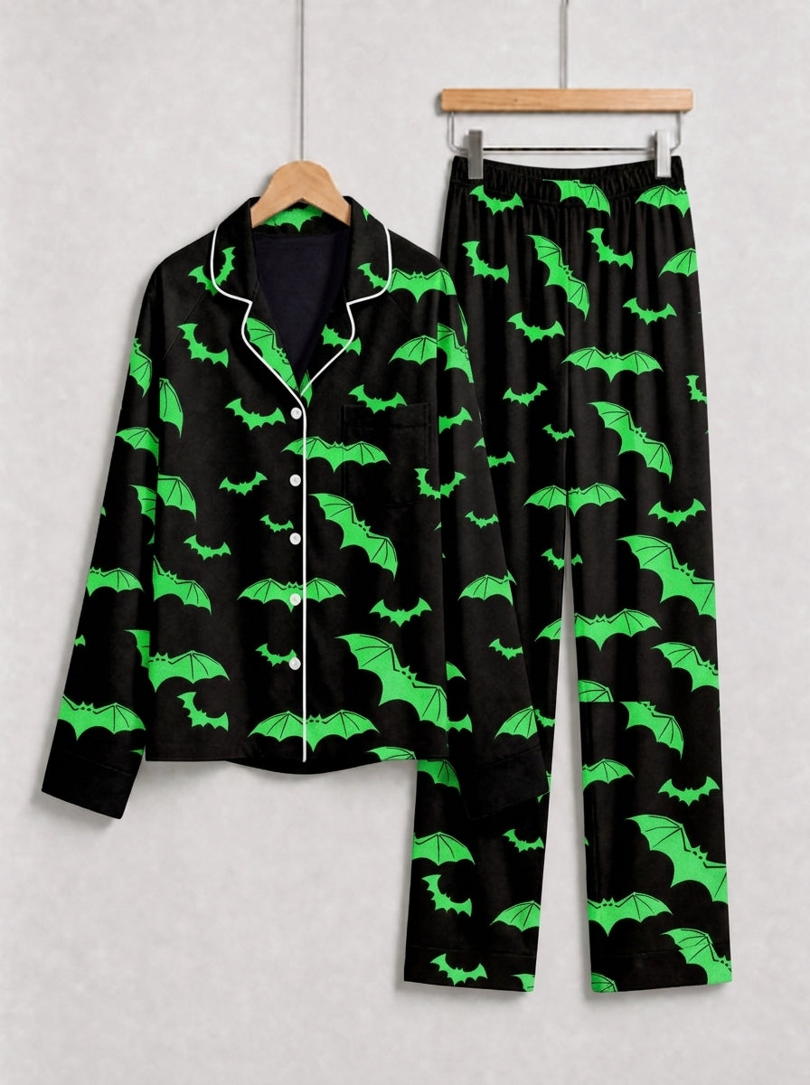 Neon Green Bat Silhouette Pattern Black Long Sleeve Lounge Pajama Set
