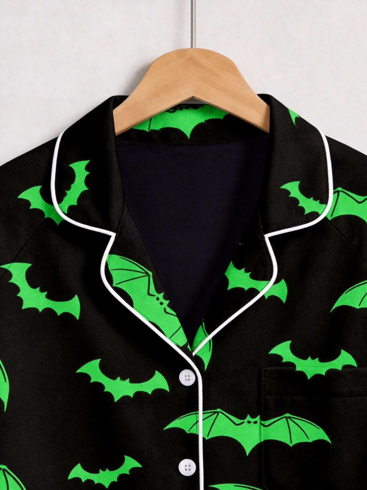 Neon Green Bat Silhouette Pattern Black Long Sleeve Lounge Pajama Set