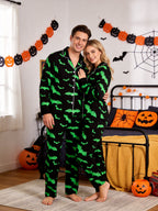Neon Green Bat Silhouette Pattern Black Long Sleeve Lounge Pajama Set