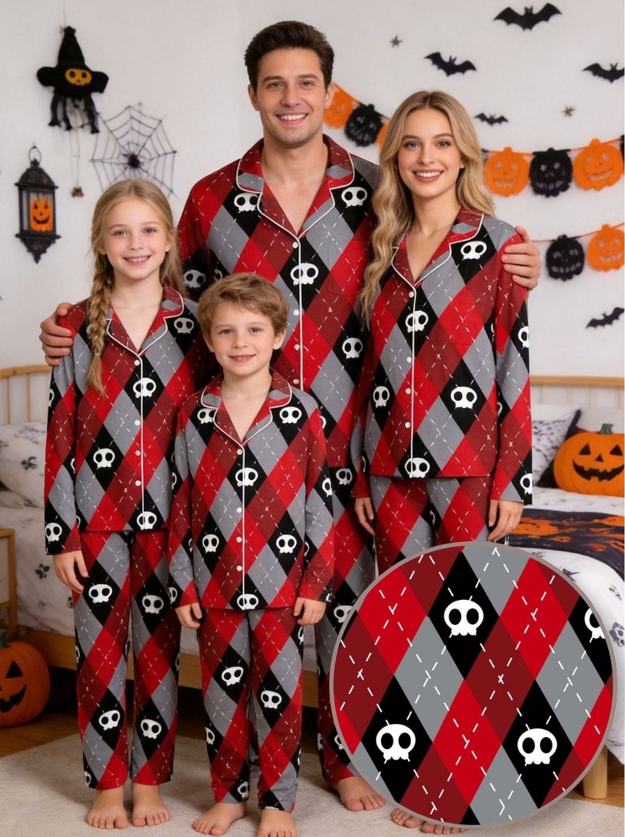 Red & Grey Argyle Skull Print Gothic Aesthetic Matching Sleepwear Set