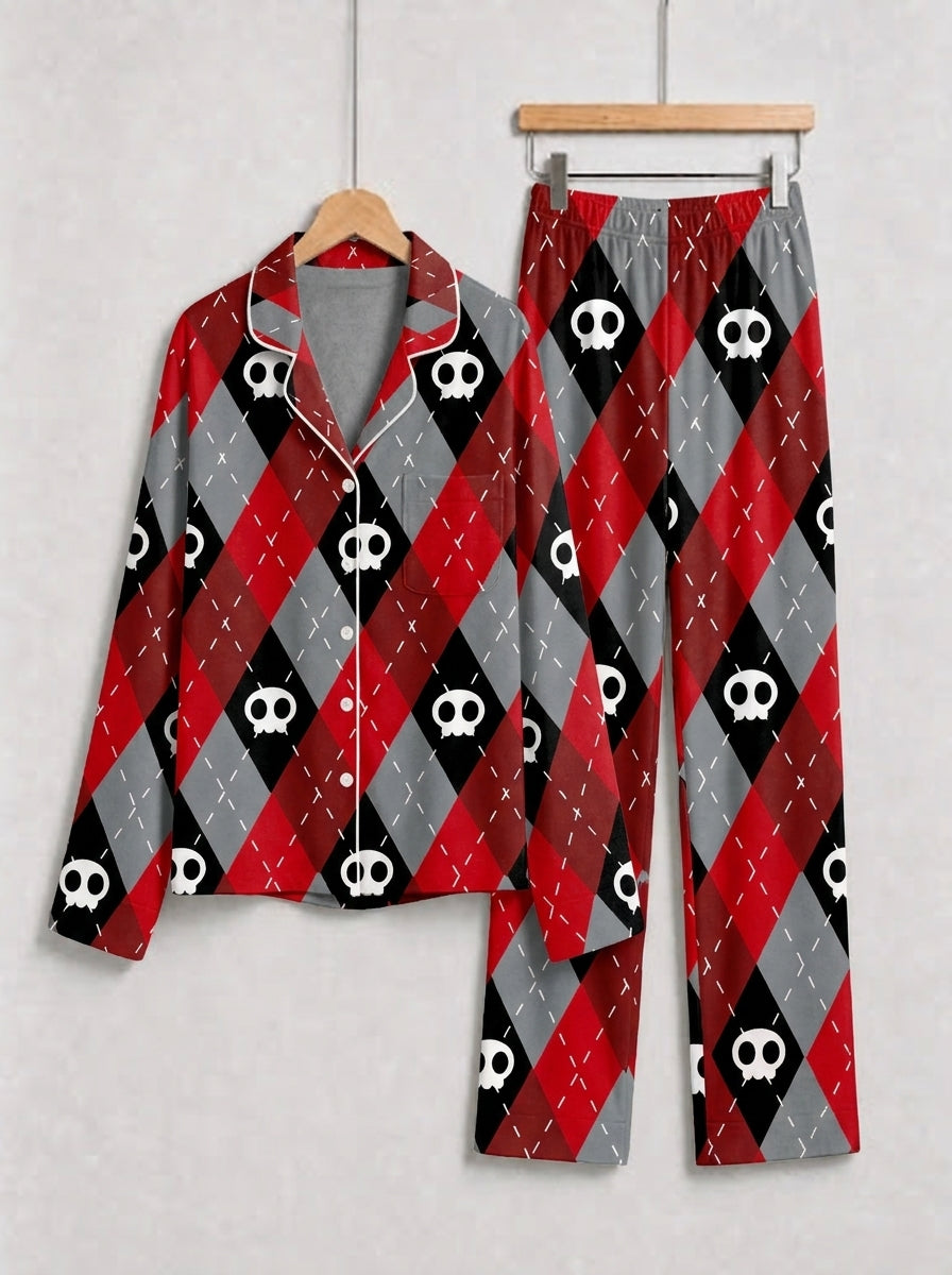 Red & Grey Argyle Skull Print Gothic Aesthetic Matching Sleepwear Set