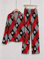 Red & Grey Argyle Skull Print Gothic Aesthetic Matching Sleepwear Set