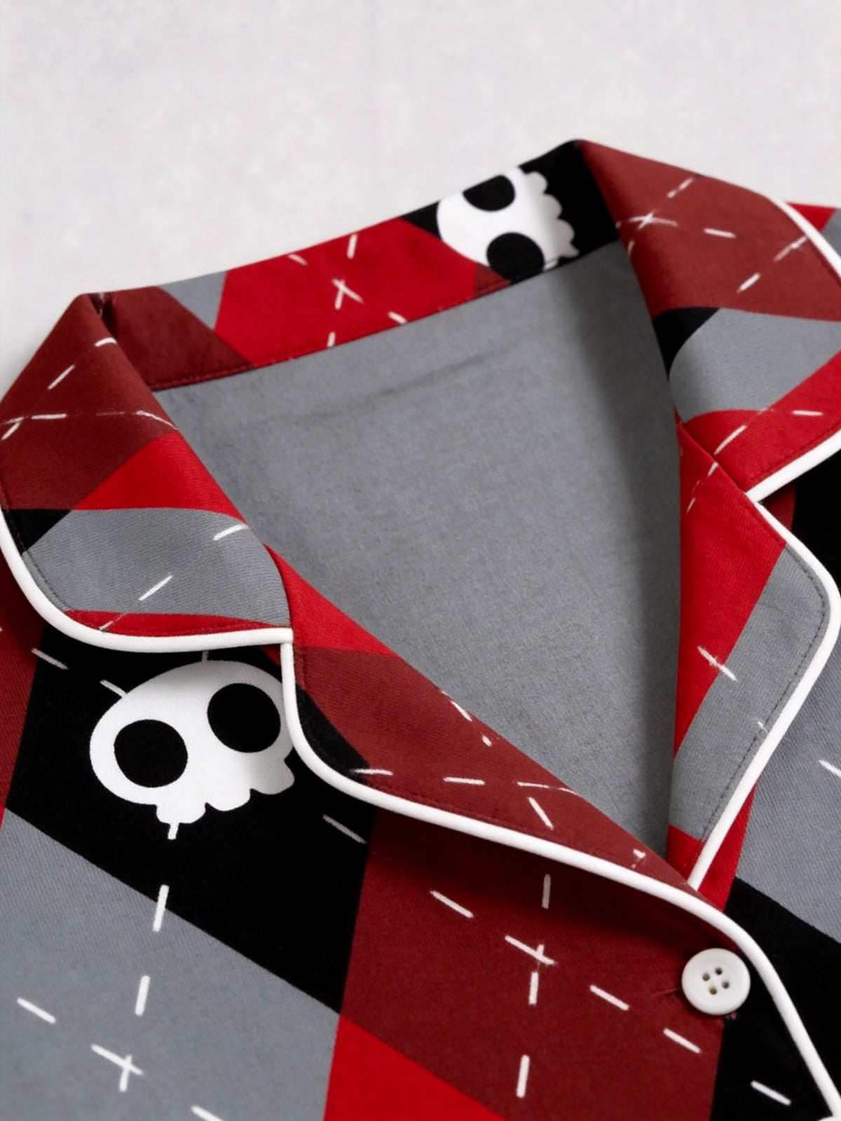 Red & Grey Argyle Skull Print Gothic Aesthetic Matching Sleepwear Set