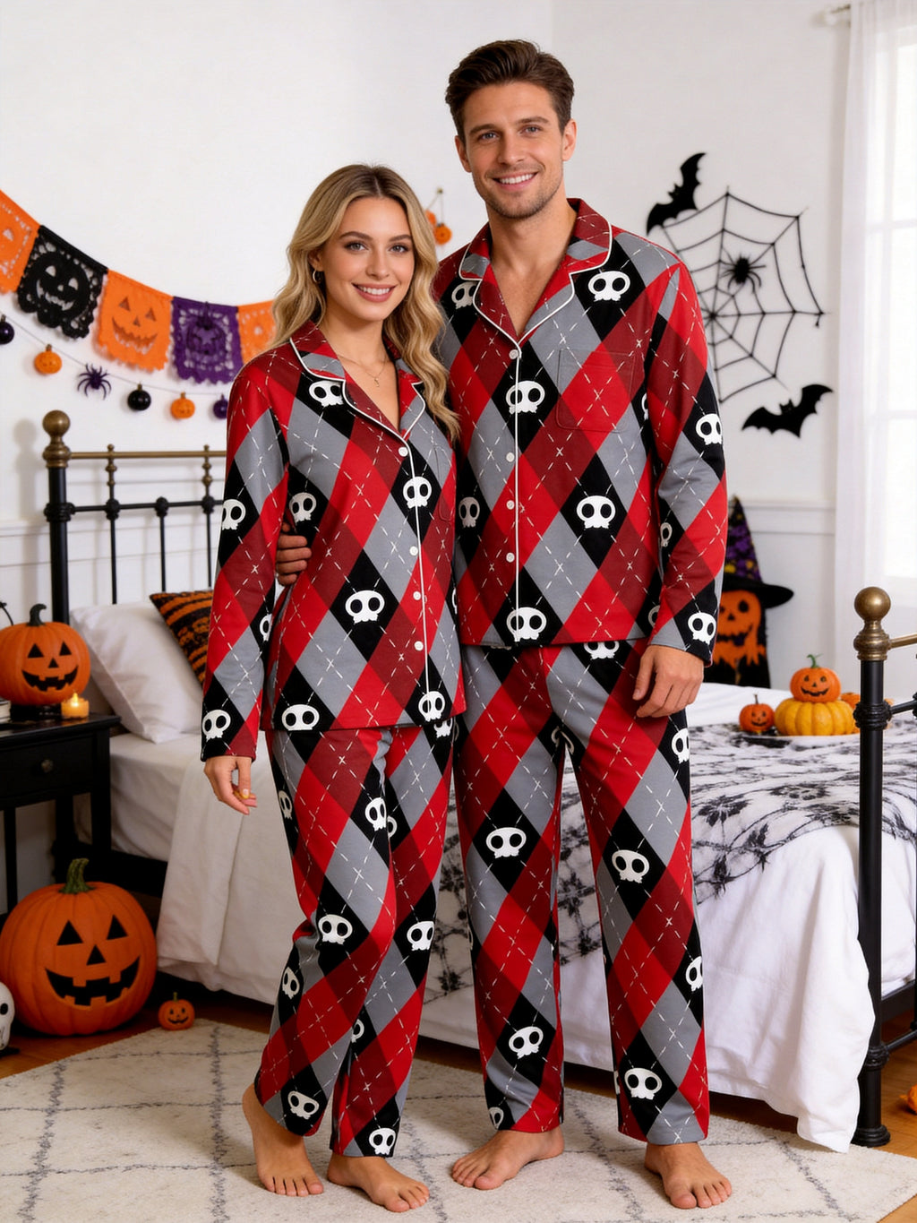 Red & Grey Argyle Skull Print Gothic Aesthetic Matching Sleepwear Set