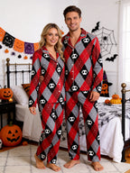 Red & Grey Argyle Skull Print Gothic Aesthetic Matching Sleepwear Set