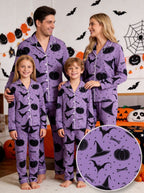 Purple Halloween Witch Hat and Pumpkin Print Button-Front Sleepwear