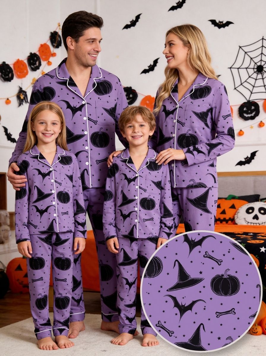 Purple Halloween Witch Hat and Pumpkin Print Button-Front Sleepwear
