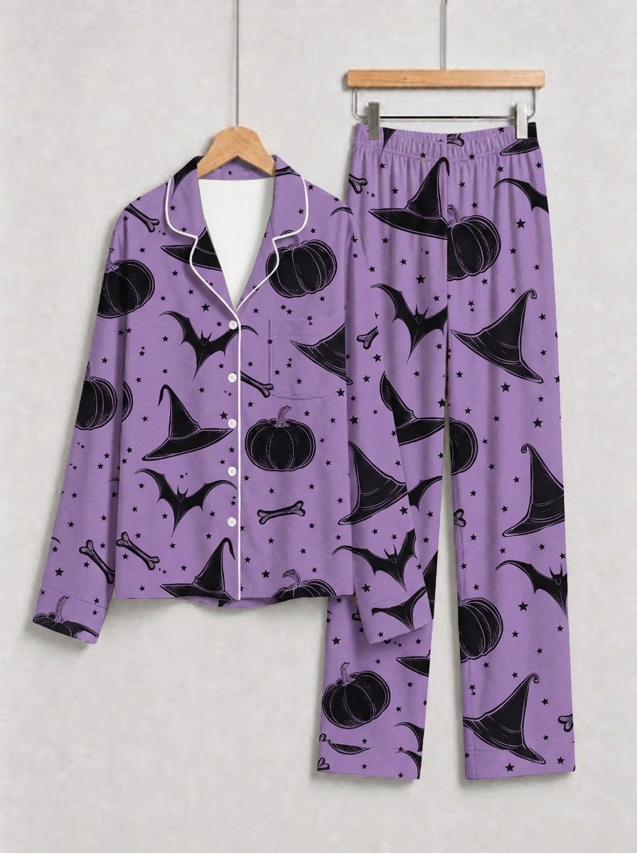 Purple Halloween Witch Hat and Pumpkin Print Button-Front Sleepwear