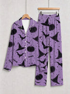 Purple Halloween Witch Hat and Pumpkin Print Button-Front Sleepwear