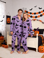 Purple Halloween Witch Hat and Pumpkin Print Button-Front Sleepwear