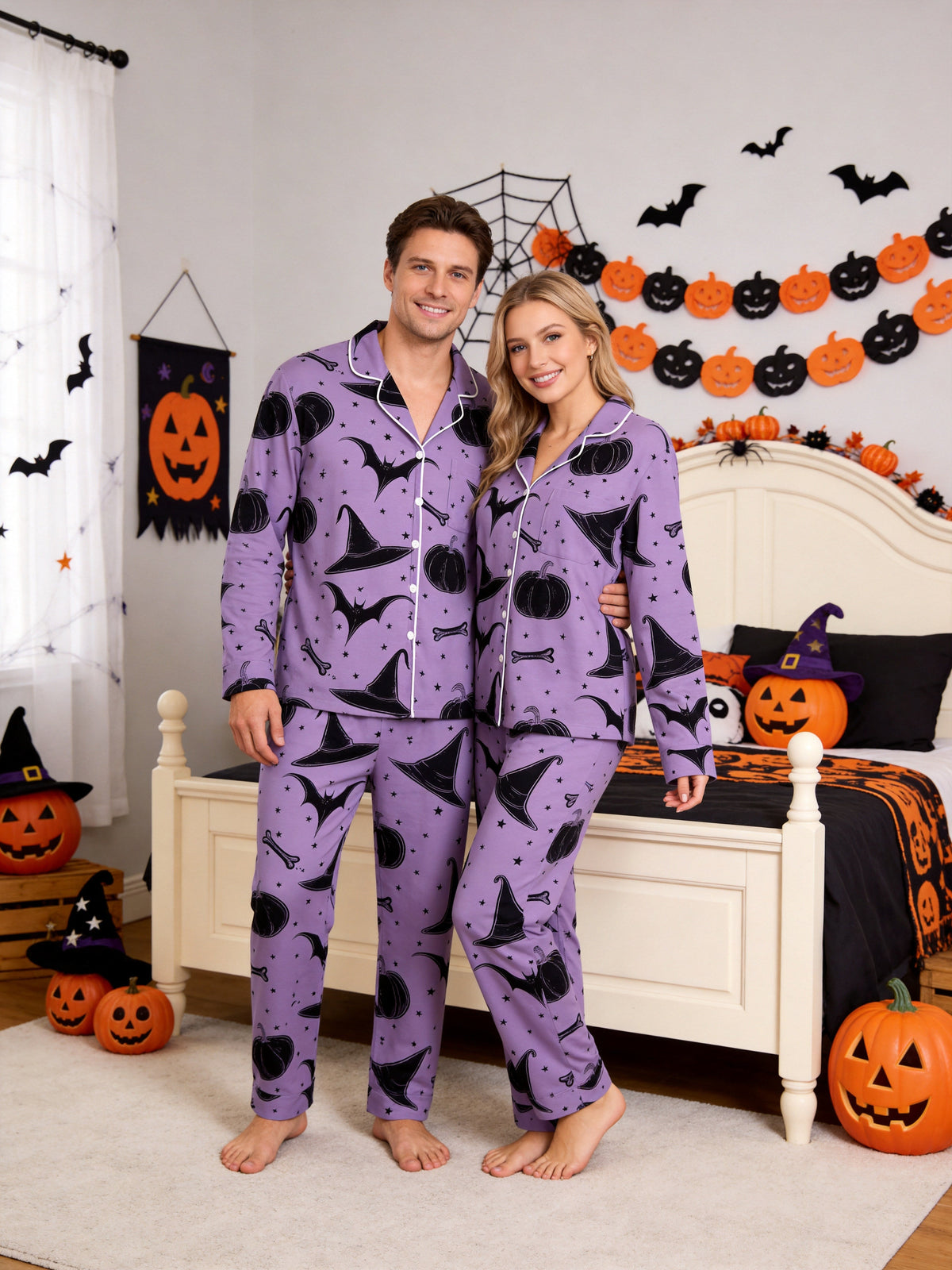 Purple Halloween Witch Hat and Pumpkin Print Button-Front Sleepwear