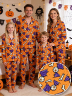 Orange Spooky Eyeball, Bone, and Bat Wing Print Pajama Set