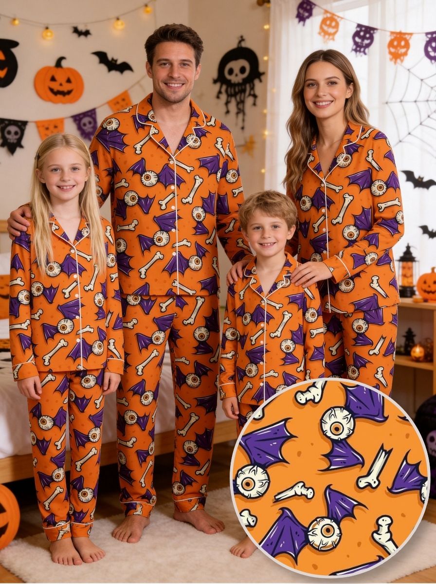 Orange Spooky Eyeball, Bone, and Bat Wing Print Pajama Set