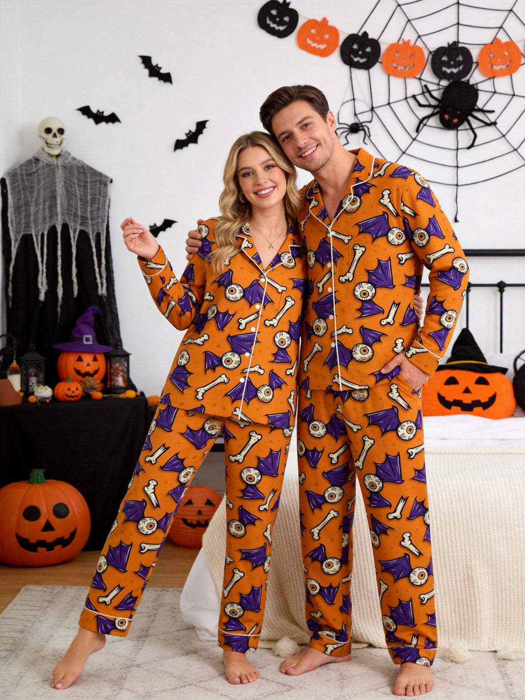 Orange Spooky Eyeball, Bone, and Bat Wing Print Pajama Set
