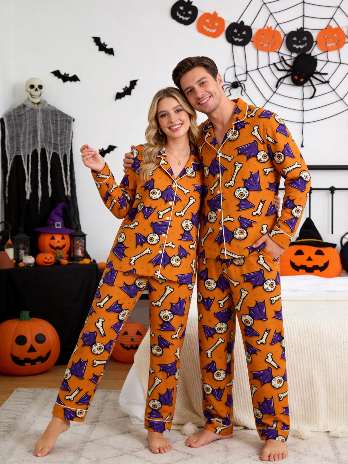 Orange Spooky Eyeball, Bone, and Bat Wing Print Pajama Set