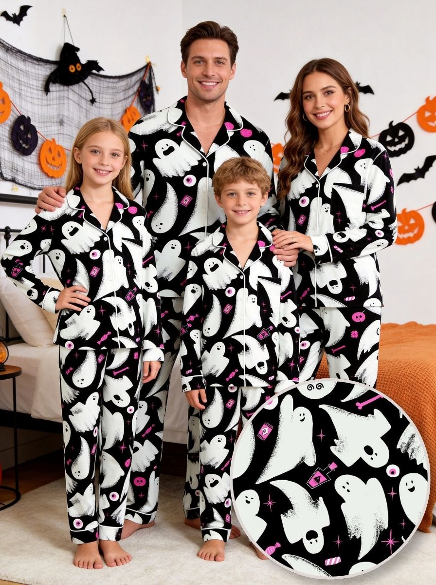 Cute Ghost & Pink Candy Pattern Black Notch Collar Pajamas