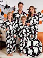 Cute Ghost & Pink Candy Pattern Black Notch Collar Pajamas