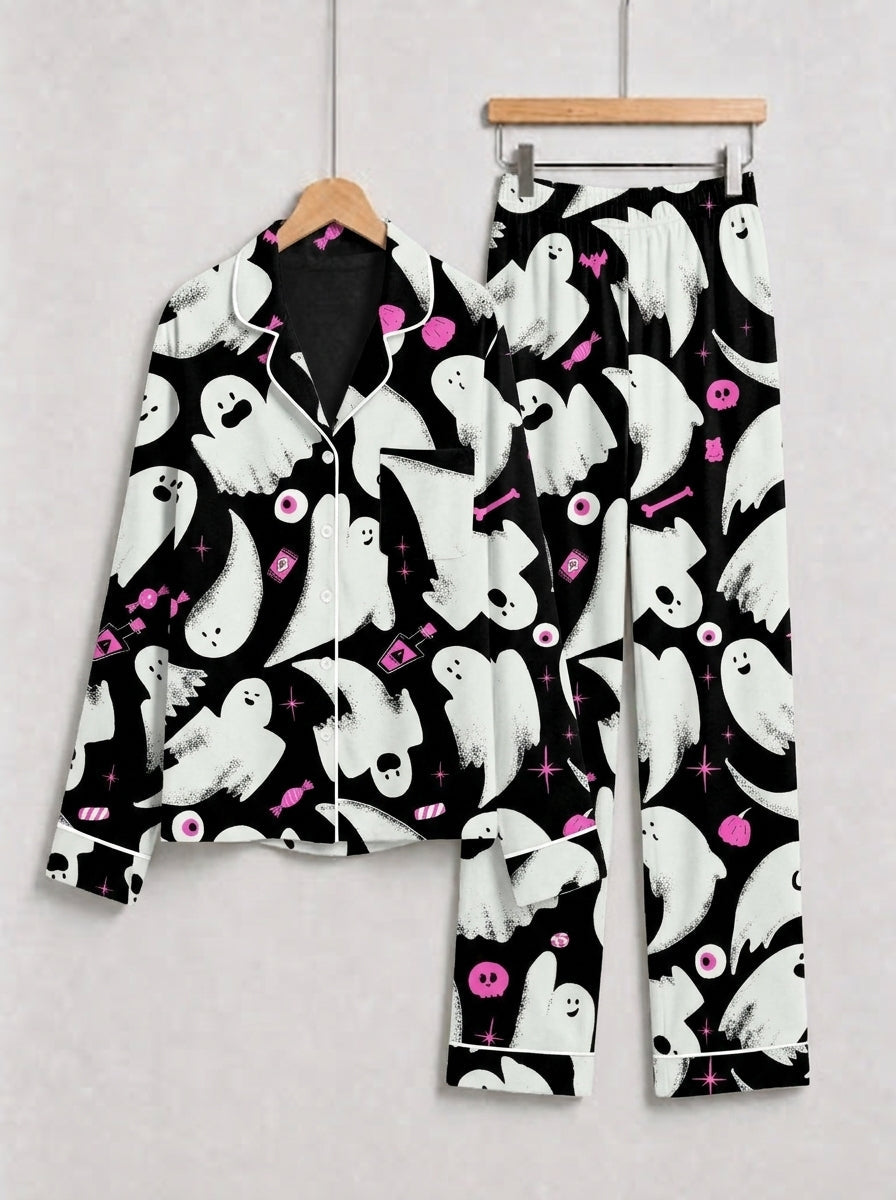 Cute Ghost & Pink Candy Pattern Black Notch Collar Pajamas