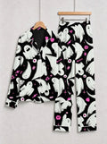 Cute Ghost & Pink Candy Pattern Black Notch Collar Pajamas