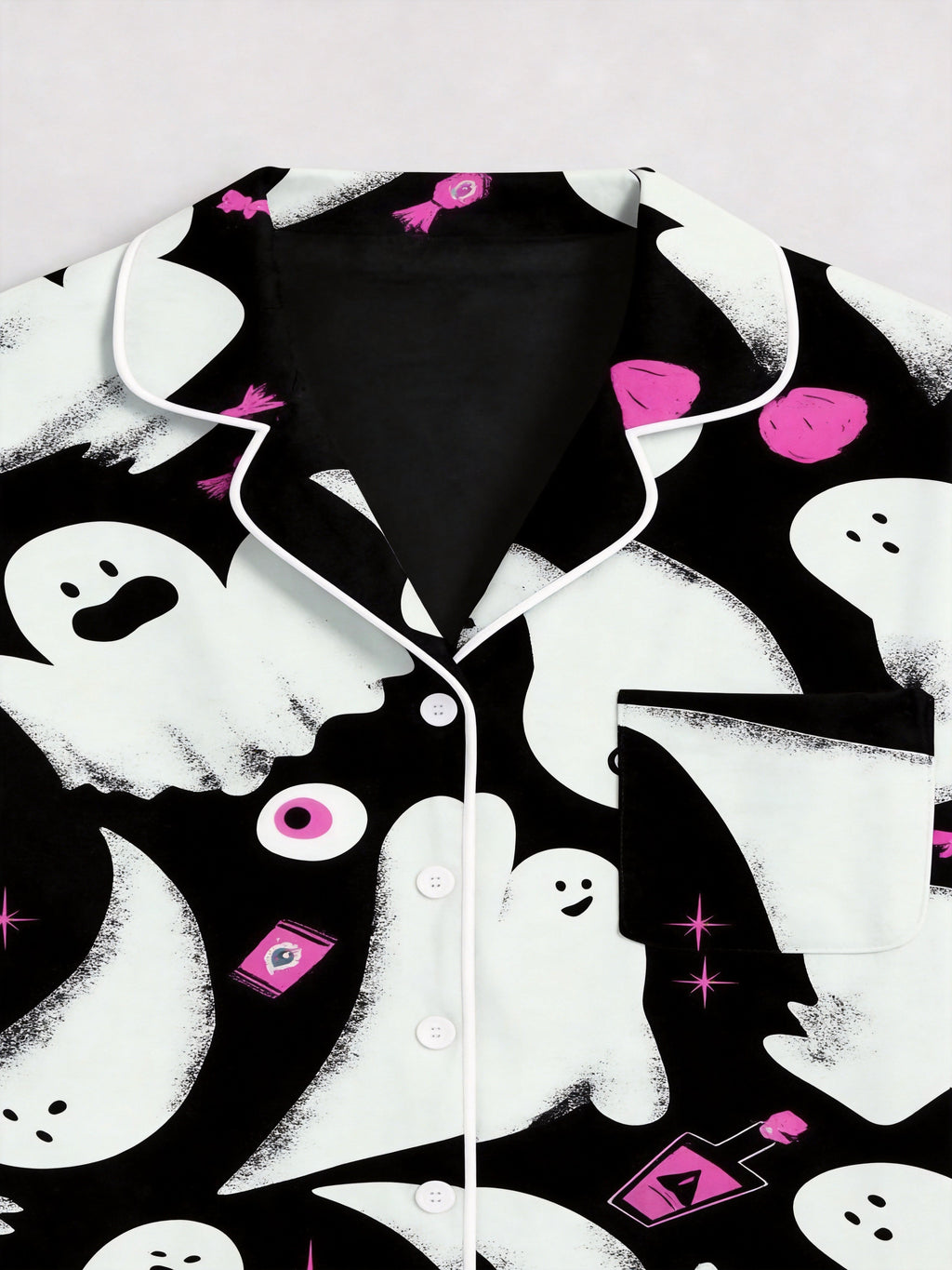 Cute Ghost & Pink Candy Pattern Black Notch Collar Pajamas