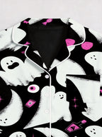 Cute Ghost & Pink Candy Pattern Black Notch Collar Pajamas