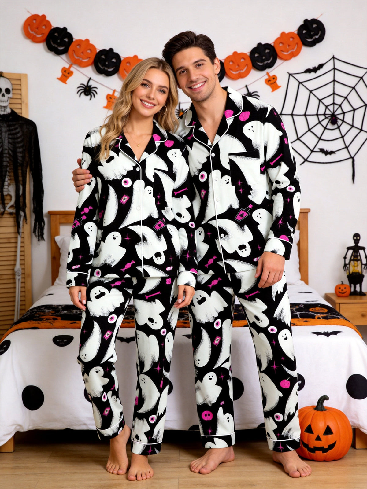 Cute Ghost & Pink Candy Pattern Black Notch Collar Pajamas