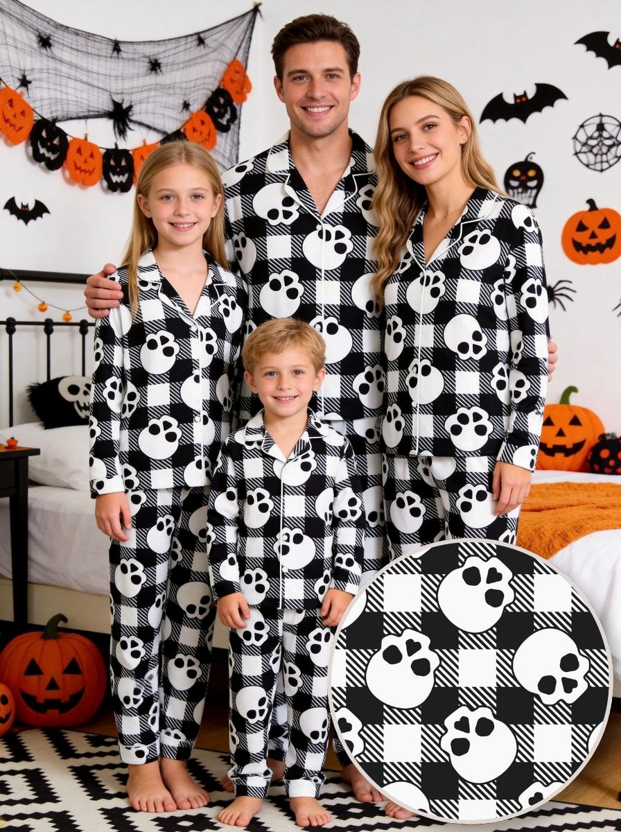 Black and White Buffalo Plaid Skull Graphic Soft Lounge Sleep Set