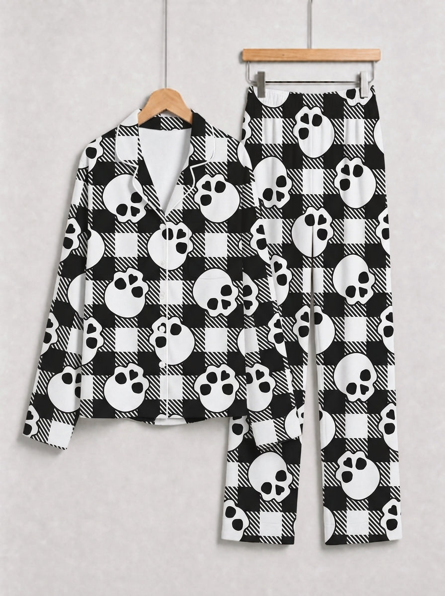Black and White Buffalo Plaid Skull Graphic Soft Lounge Sleep Set