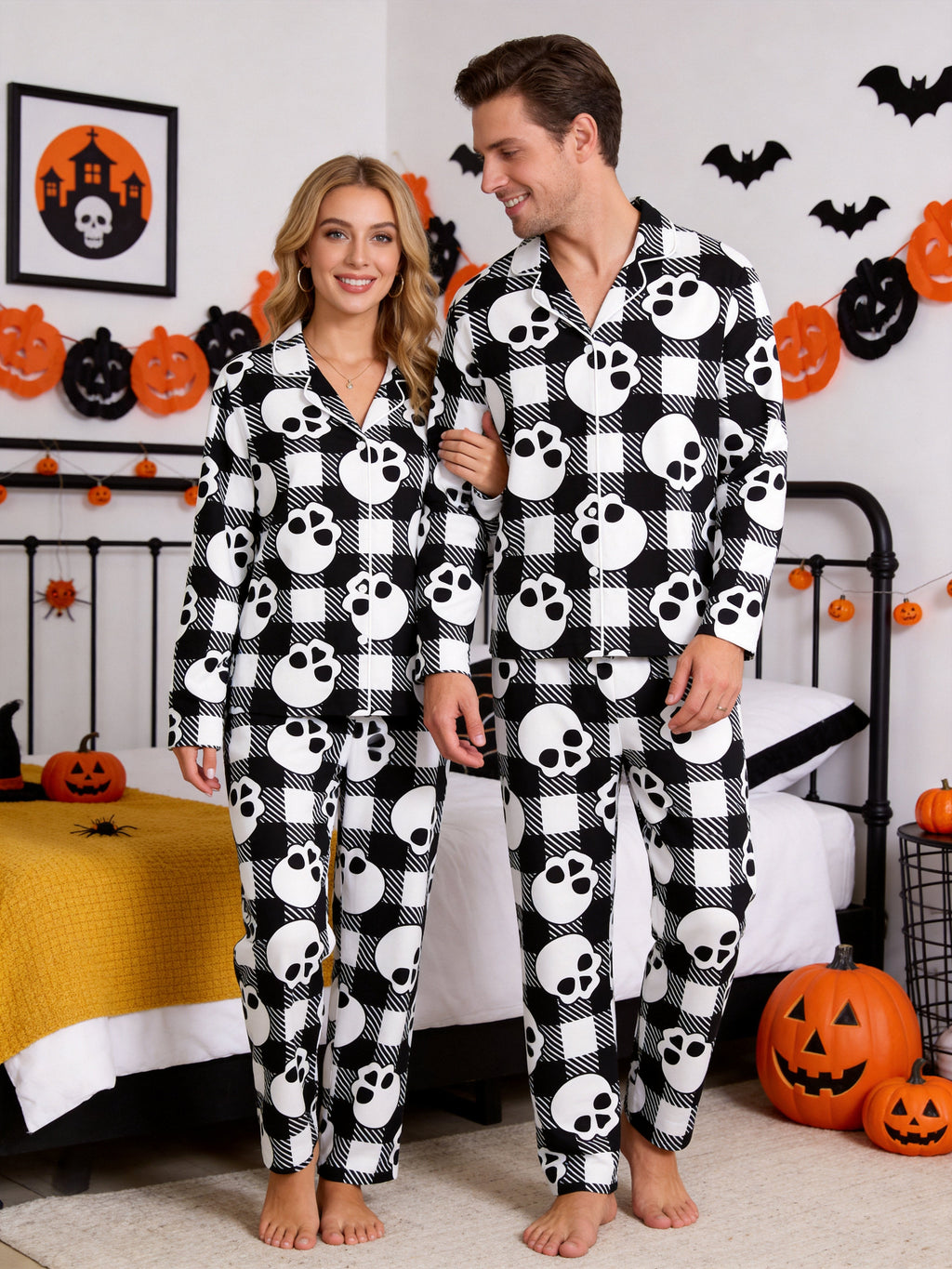 Black and White Buffalo Plaid Skull Graphic Soft Lounge Sleep Set